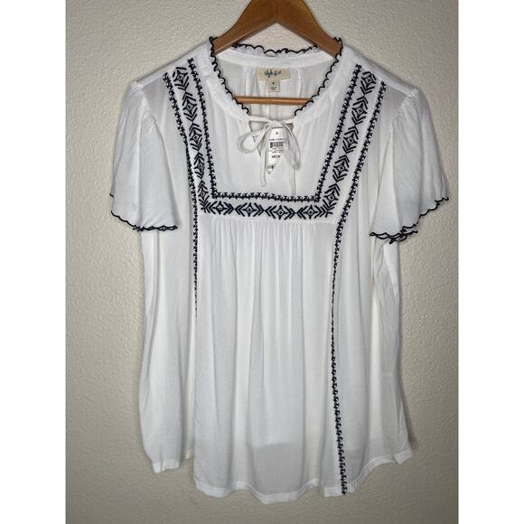 Style & Co White top with black embroidery M peasant top - Picture 3 of 5